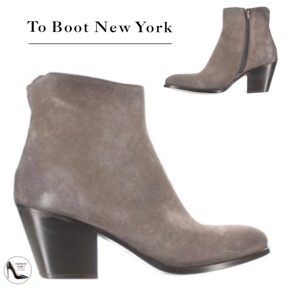 To Boot New York Elena Grey Suede Ankle Booties Block Heel Leather Boots 7.5